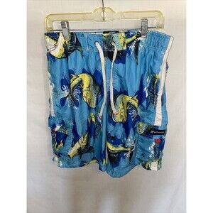 Surfmentality Board Shorts Mens Size Large Blue Fish Motif Drawstring Stretch